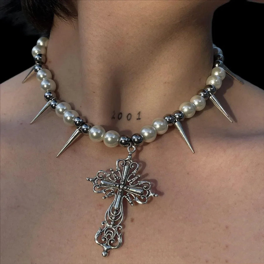 AristoWear Goth Cross Pearl Necklace