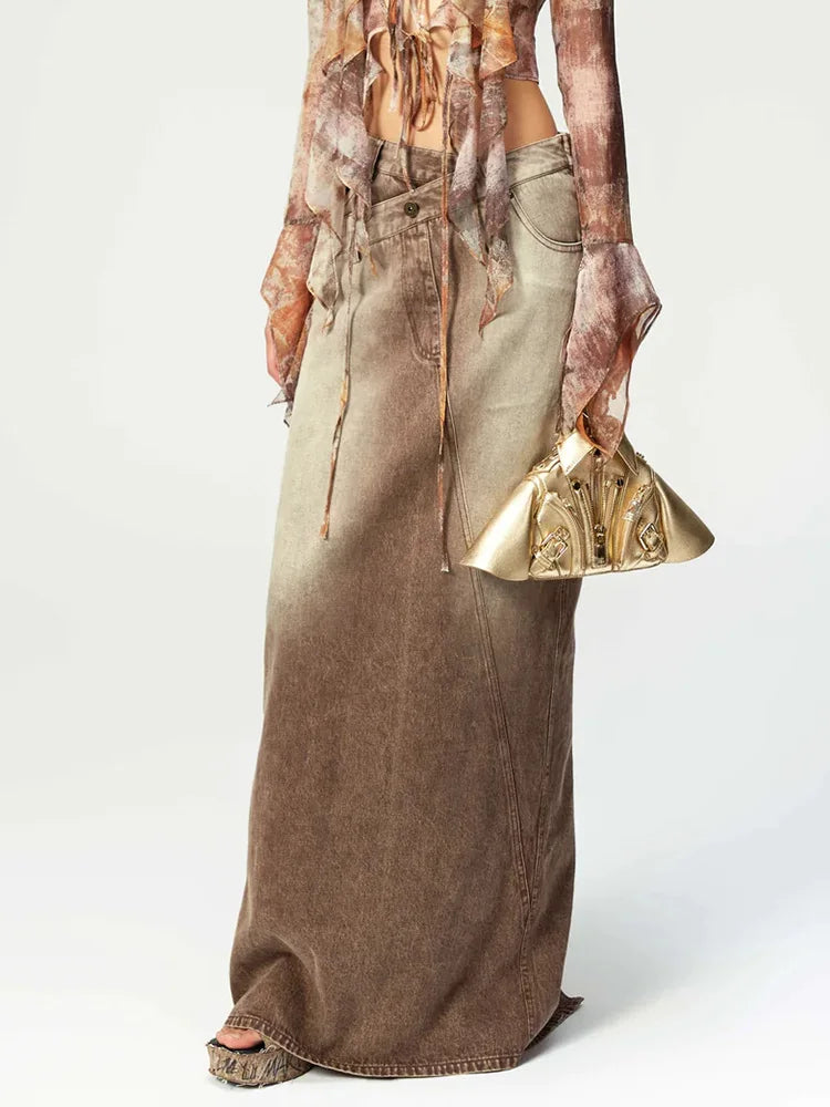 AristoWear Asymmetric Button-Up Denim Maxi Skirt