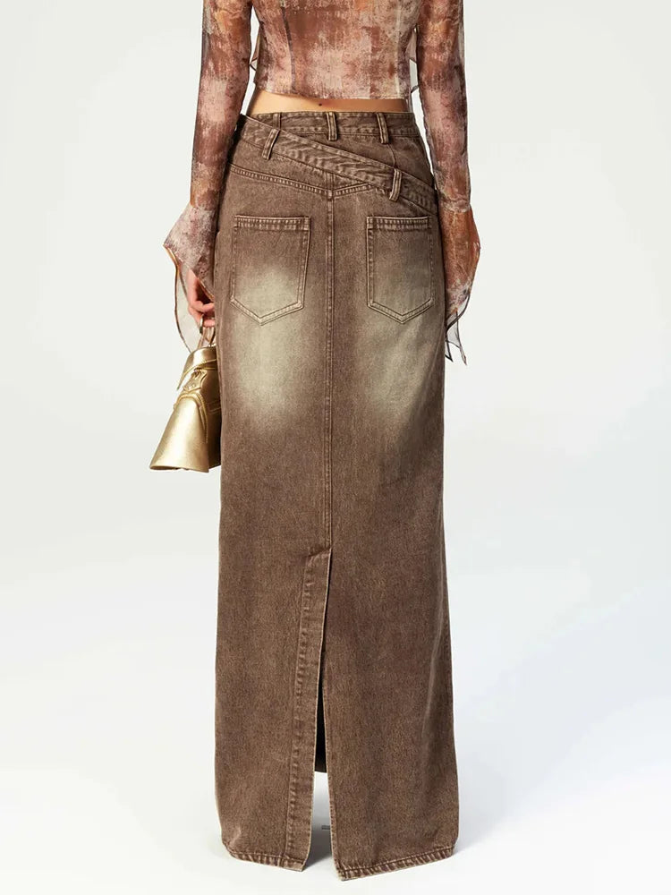 AristoWear Asymmetric Button-Up Denim Maxi Skirt