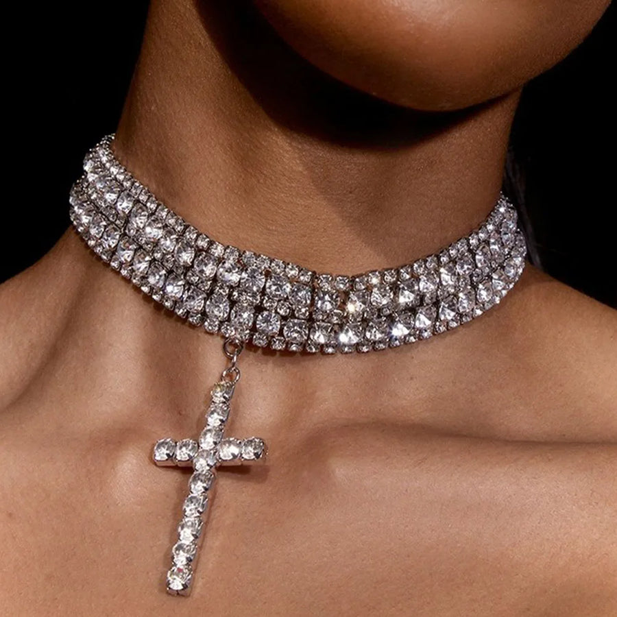 AristoWear Rhinestone Cross Choker Necklace